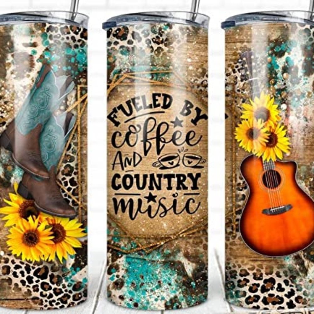 Fueled by Coffee and Country Music Tumbler Cup - 20 oz Stainless Steel Skinny T